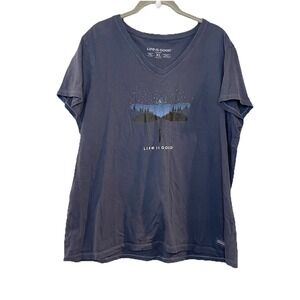 Life Is Good Crusher T-Shirt XL Blue V-Neck Cotton Dragonfly Bug Stars Moon Tree